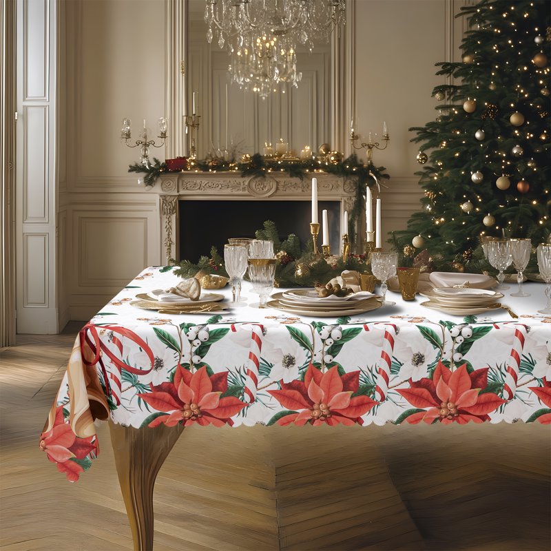 Christmas Table Cloth - Rectangle 52x70 Poinsettia Design, Polyester
