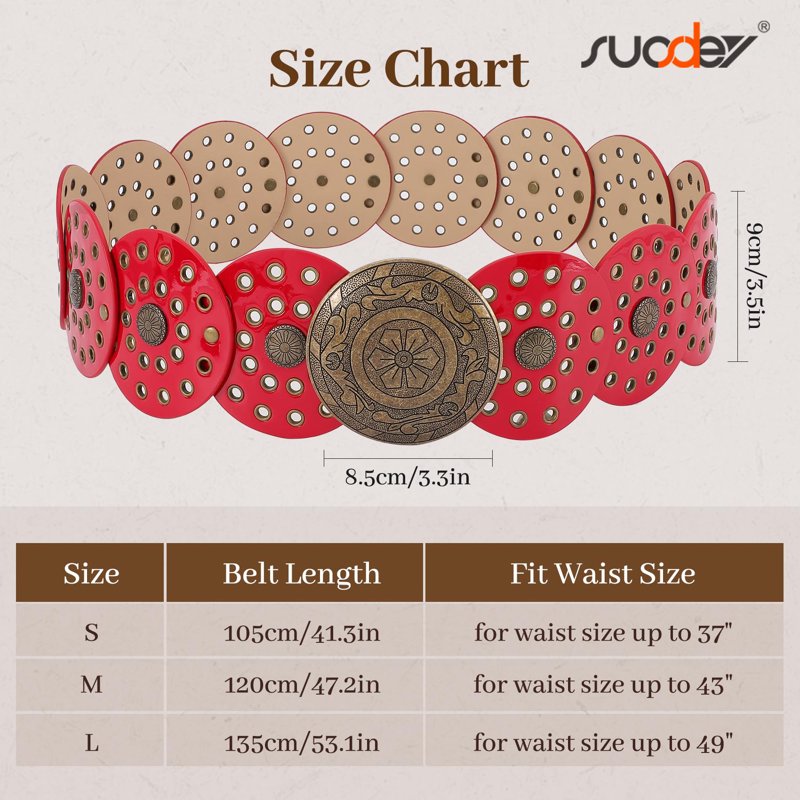 Women's Western Boho Concho Disc Belt - Red, Waist Up to 44 Inches