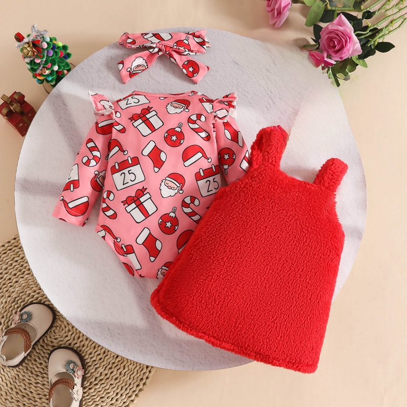 Baby Girl First Christmas Outfit Set - Red 0-3 Months with Ruffle Romper & Suspender Dress