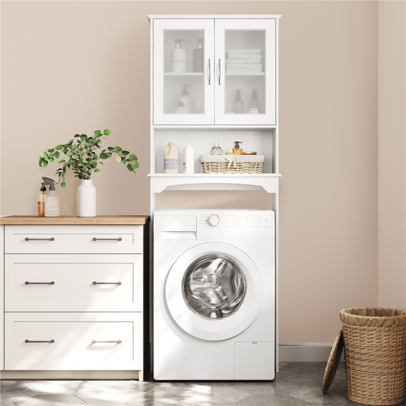 White Over-the-Toilet Bathroom Storage Cabinet with Open Shelf - Modern Freestanding Design