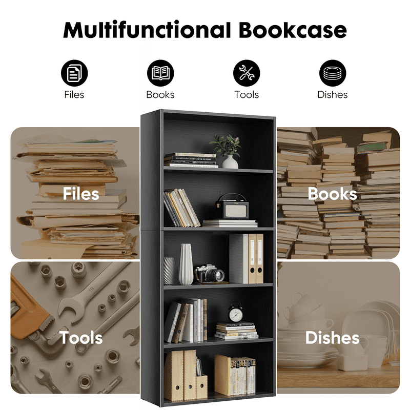Large 53-Inch Black Industrial 5-Shelf Bookcase for Home & Office