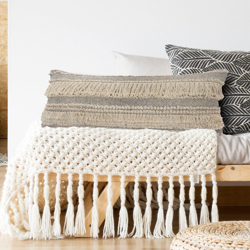 14x36 Inch Black and Natural Cotton Striped Fringed Lumbar Pillow - Handmade Decor