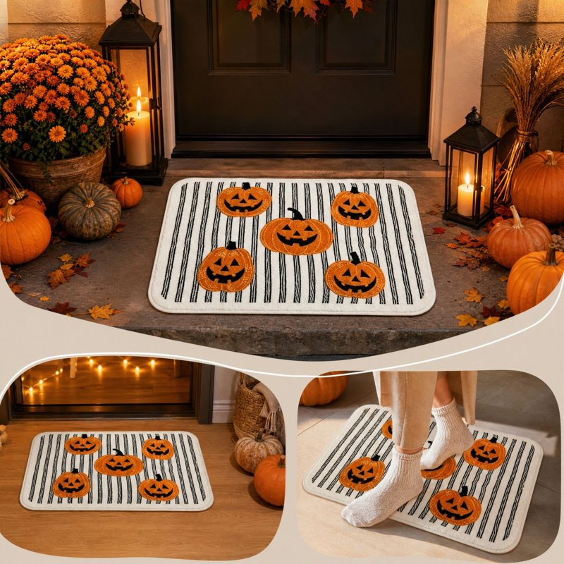 Halloween Floor Mat Non-Slip Black White Striped Pumpkin Face Welcome Rug - Variation C