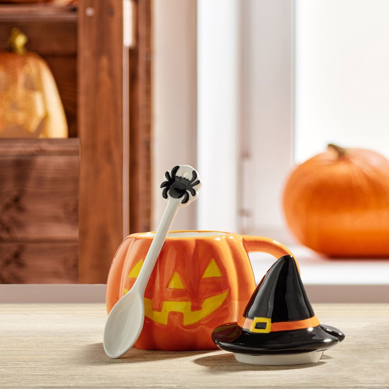 Lidded Jack-O-Lantern Ceramic Mug with Spoon - Halloween Decor, 18oz