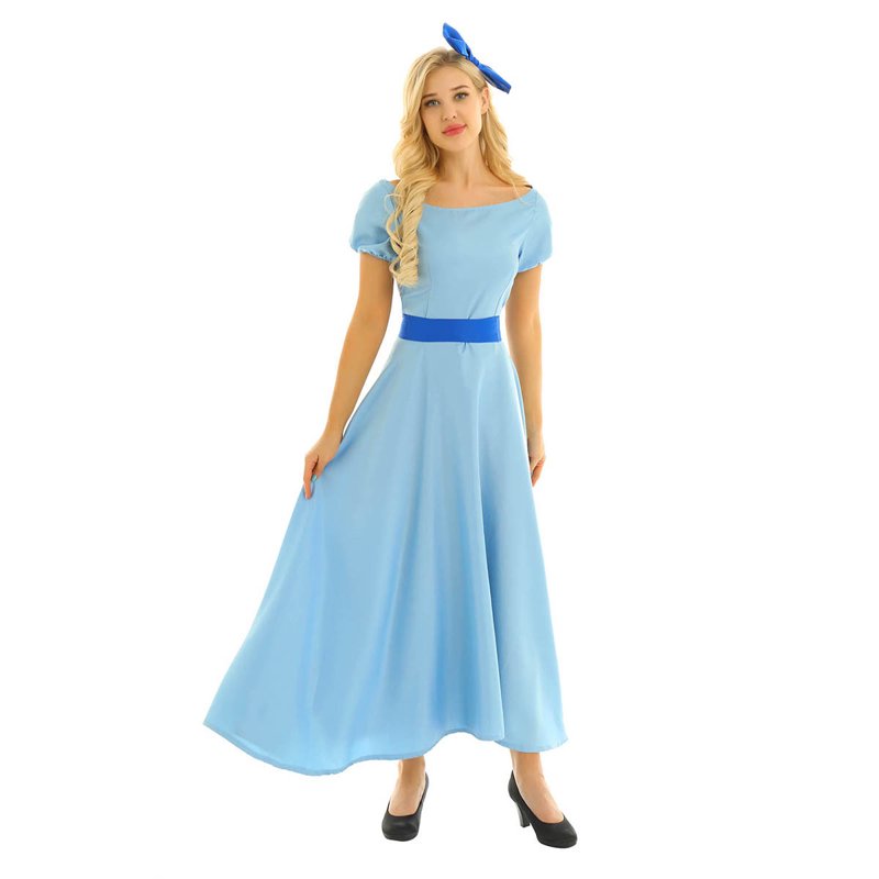 Light Blue Princess Cosplay Dress for Women Halloween Costume with Head Accessory & Belt - Large