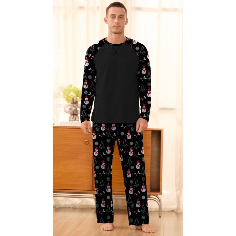 Men's Pajamas Set Long Sleeve Sleepwear with Pockets - Black Snowman 2XL