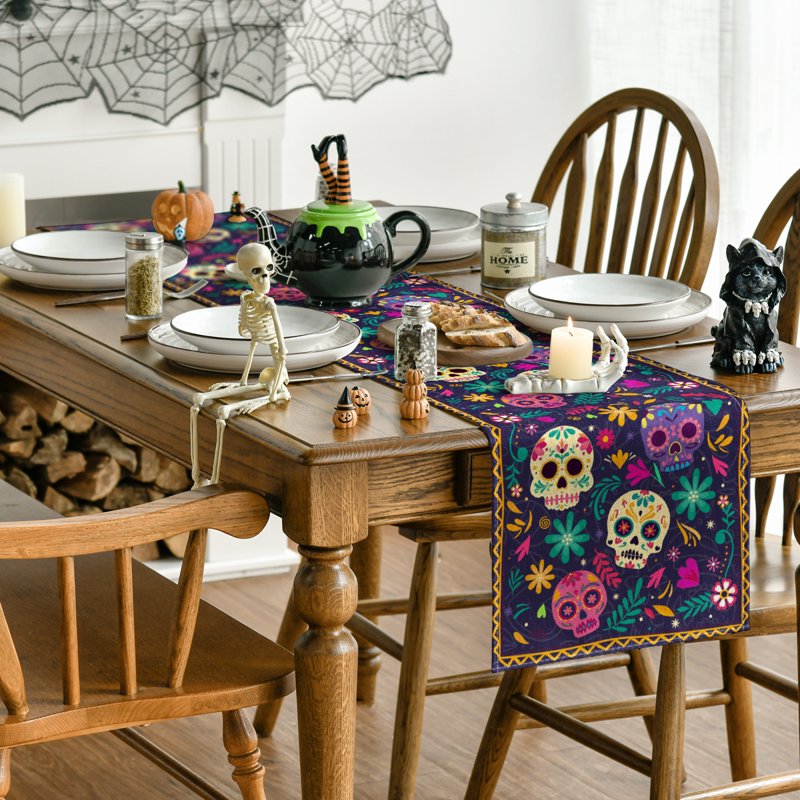 Watercolor Marigolds Skull Day of The Dead Table Runner 13 x 120 Inch - Unique Home Decor