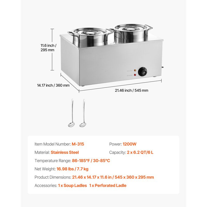 Dual Electric Soup Warmer, 1200W Stainless Steel Bain Marie, 2 x 6.34QT Pots