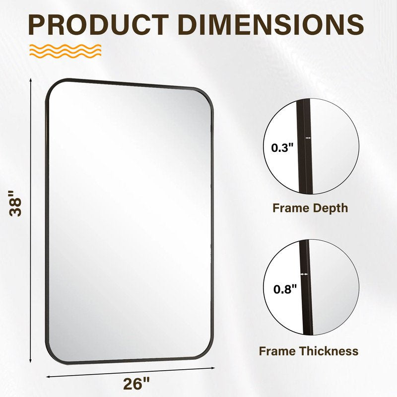 Bathroom Mirror 38x26 Inch Rectangular Wall Mount with Rounded Corners Black - Modern Design