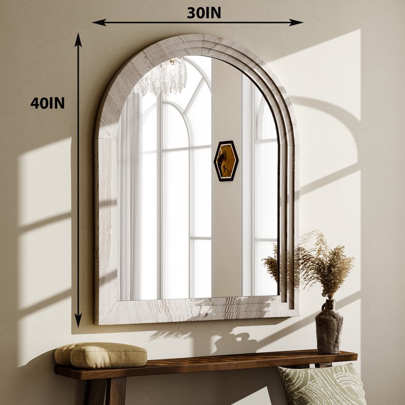 30x40 Arched Wooden Wall Mirror - White Framed Bathroom & Living Room Decor