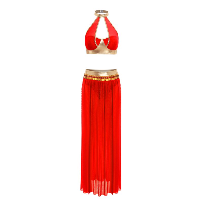 Women's Belly Dance Costume Set - Halter Crop Top & Mesh Split Skirt - Red XXL