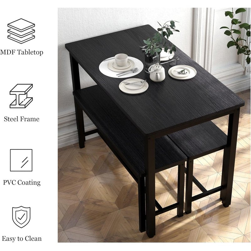 4-Person Dining Table Set with 2 Benches - Black