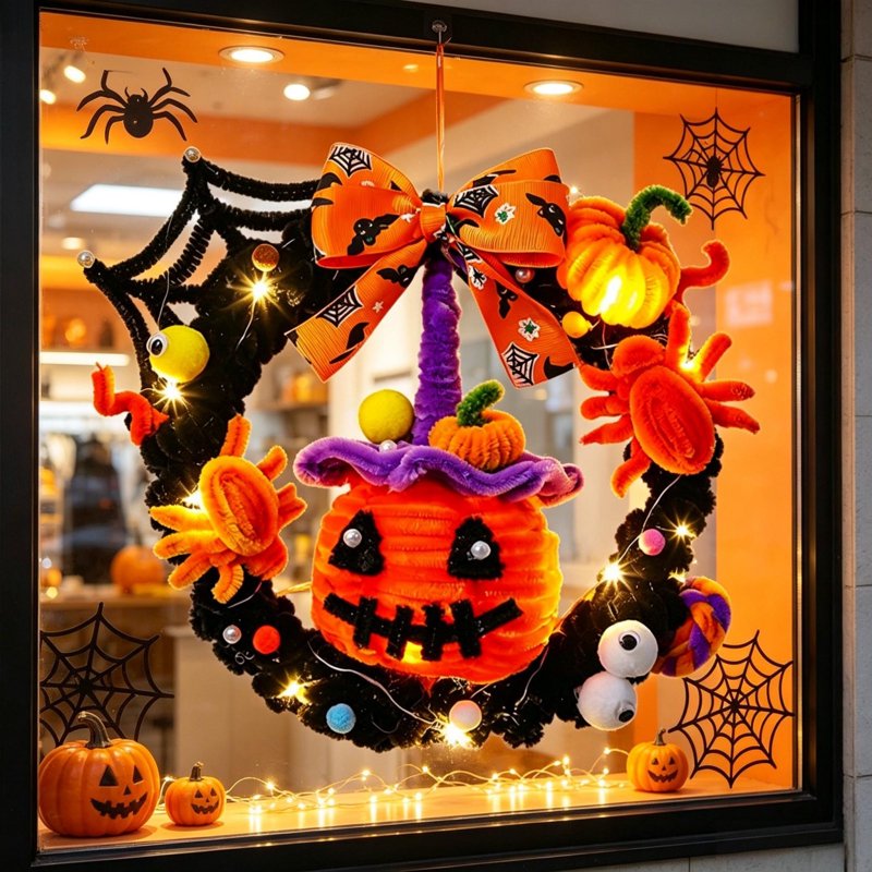 Halloween Wreath with Orange LED Pumpkin and Ghost - Variation of Pumpkin and Bow