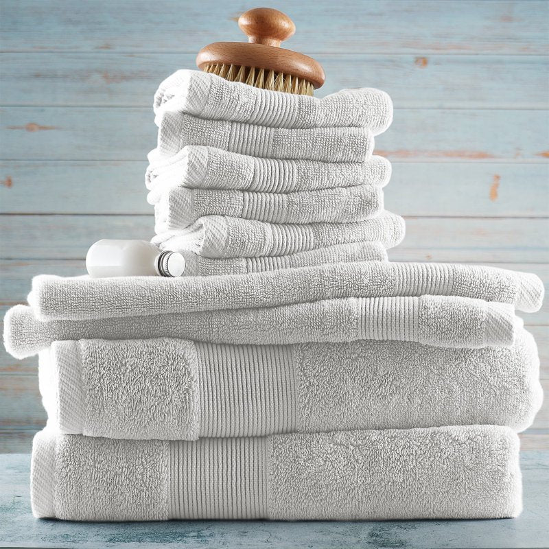 White Bath Towels Set - 2 Bath & 2 Hand Towels, 6 Washcloths, 100% Cotton