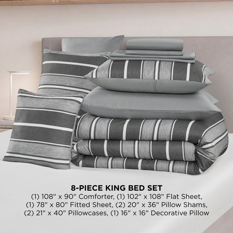King Gray Bed in a Bag - Stripe Bedding Set with Reversible Comforter