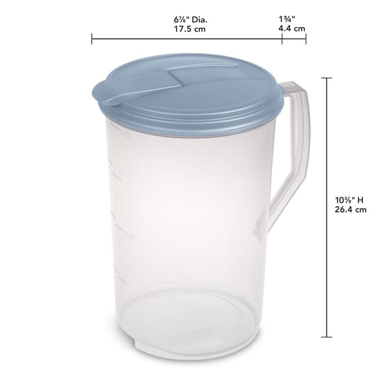 1 Gallon Round Pitcher - Clear Plastic with Flip-Top Spout, Light Blue, 6 Count