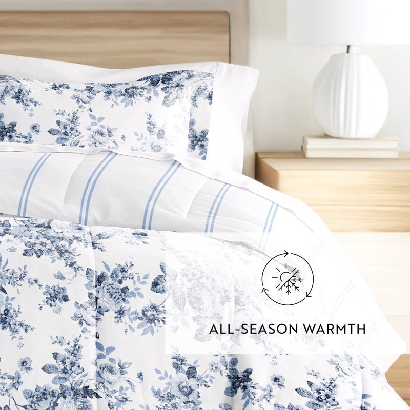 Twin Stone Reversible Comforter Set with Down Alternative Cabbage Rose Stripe