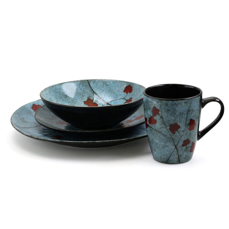 16 Piece Floral Accents Stoneware Dinnerware Set - Blue