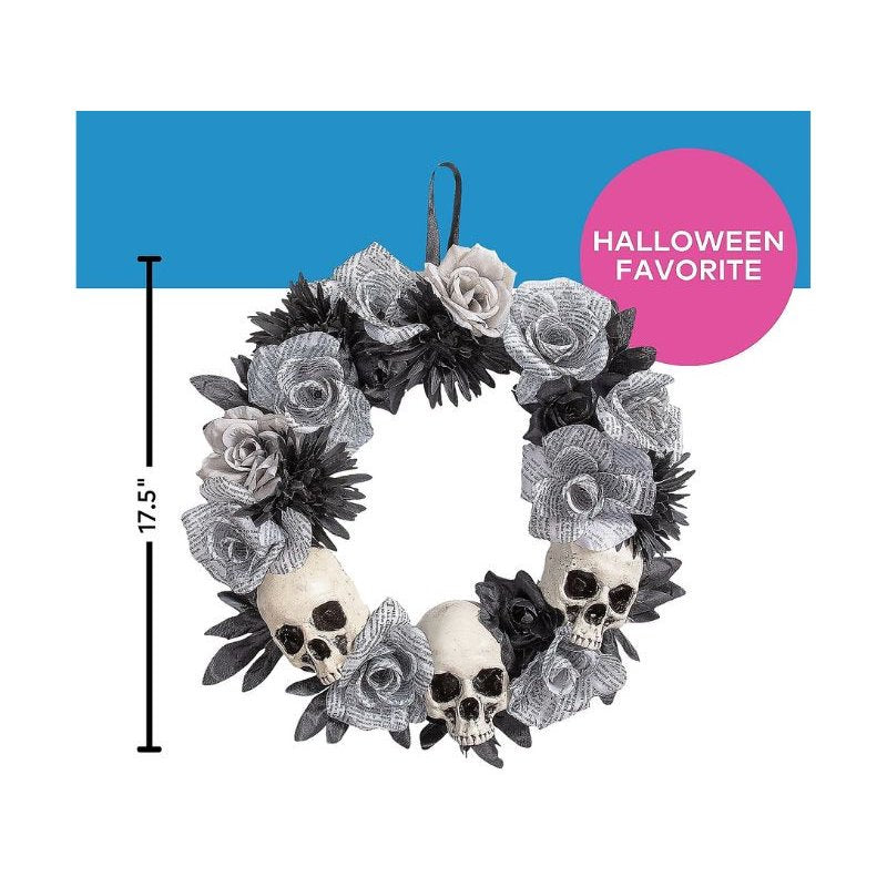 Halloween Wreath with White Roses and Skulls - 17.5 Inch Spooky Decor
