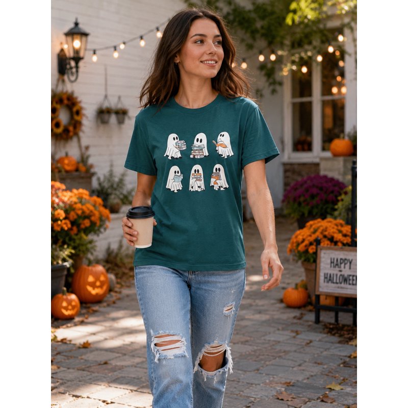 Halloween Teacher Shirt for Women Ghost Reading Books Graphic Tee - Green XXL