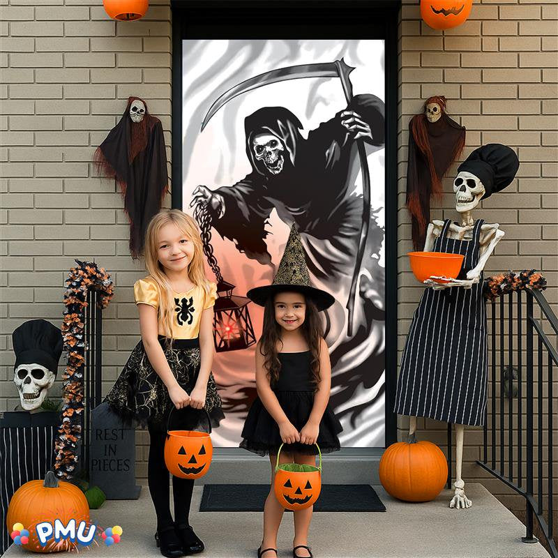 PMU 3-Piece Halloween Door Cover Set - Reaper, Skeleton & Bloody Welcome - Indoor Outdoor Spooky Decorations - Variation of Pkg of 1, 2 Bundles