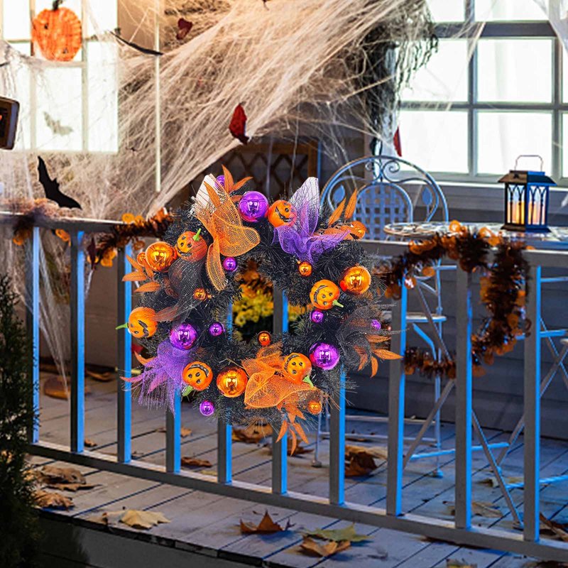 Halloween Jack-O'-Lantern Wreath with Lights - Round Fall Decor for Door or Wall - 19.69 Inch