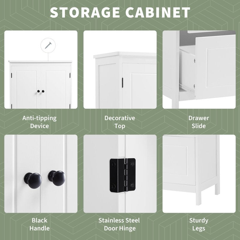 Bathroom Floor Storage Cabinet with 2 Drawers & 2 Doors - White, Adjustable Shelf