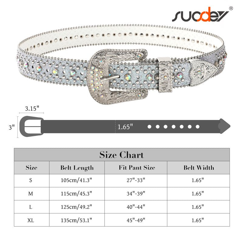 Sparkly Rhinestone Western Cowboy Belt for Women Men - Silver, Fits Waist 40-44"