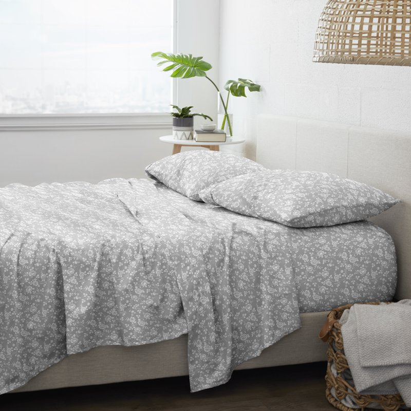 Queen Microfiber Bed Sheets Set with Floral Pattern - Light Gray Rose