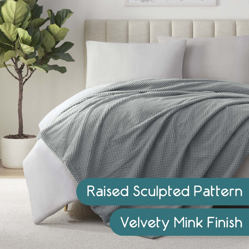 Queen Plush Texture Blanket - Ultra Soft Lightweight All-Season Throw - Grey - Charcoal Variation