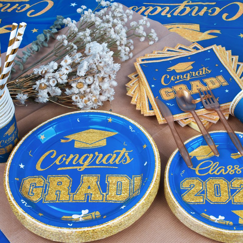 Graduation Plates and Napkins Party Supplies - Class of 2026 Congrats Grad Disposable Set - Blue
