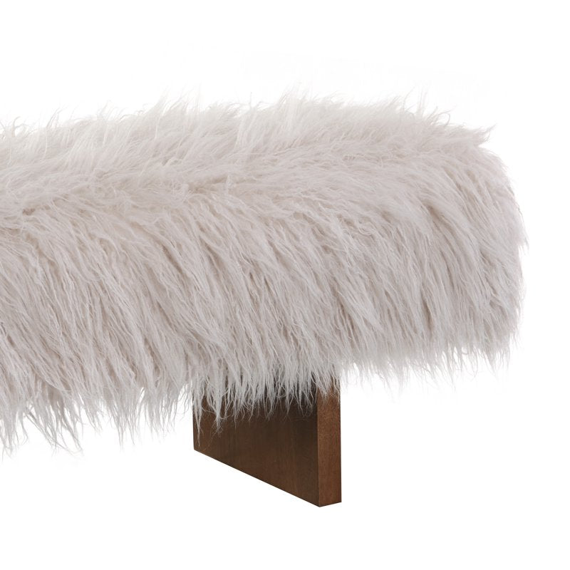 67" Wooden Bench with Long-Haired Faux Wool Upholstery - 3-Person Seat, Brown & White