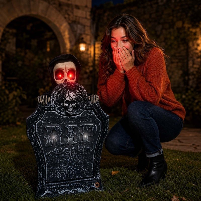 Halloween Tombstone Decor with Motion-Activated Light and Skeleton Pumpkin Yard Prop