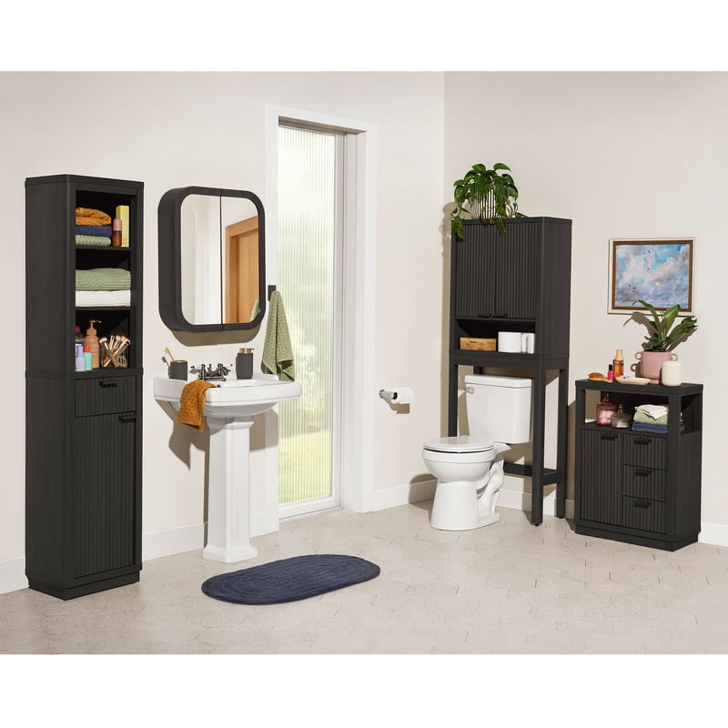Beautiful Fluted Linen Storage Cabinet - Rich Black Finish, Tall Slim Design with Adjustable Shelves