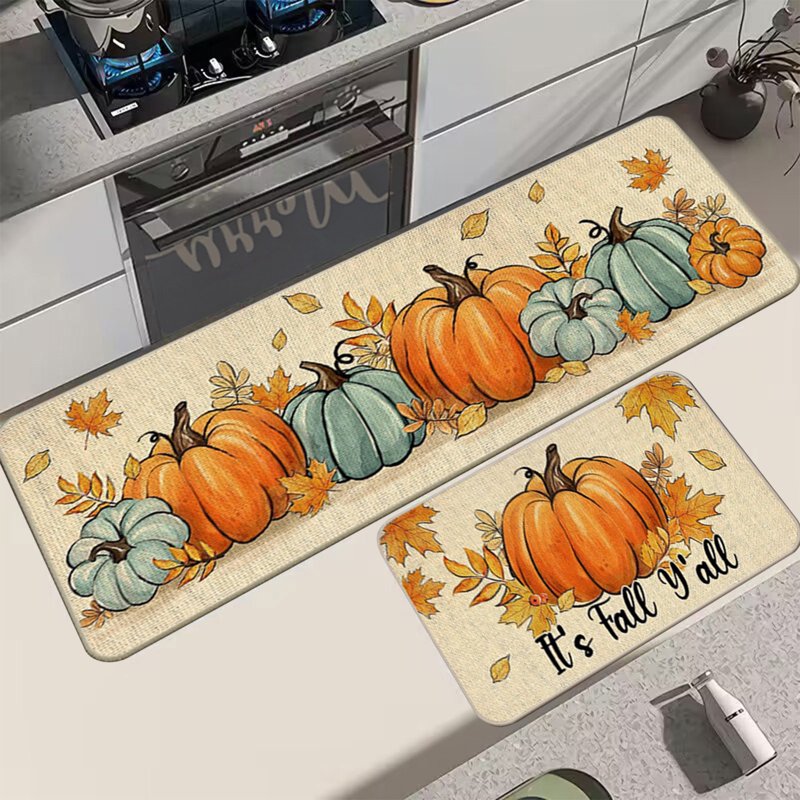Halloween Pumpkin Rugs and Mats Set - D Variation, Non-Slip Kitchen Floor Decor 16x24in + 16x48in