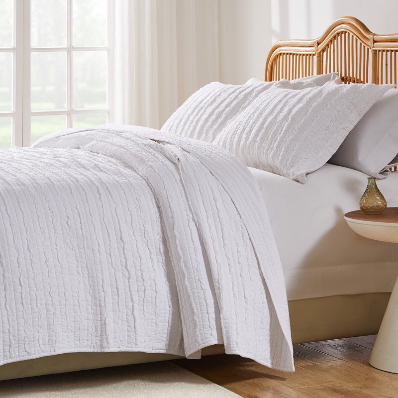 King/Cal King Cotton Ruffled Quilt Set - White, 3-Piece Oversized Bedding