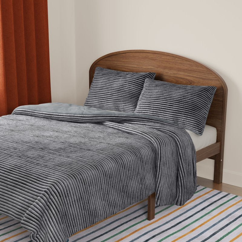Kids Gray Plush Ribbed Corduroy Comforter Set - Full/Queen 3 Pieces