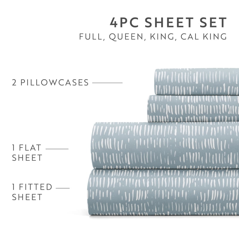 Full Microfiber Bed Sheets Set - Dashed Lines Light Blue Pattern, 4 Piece