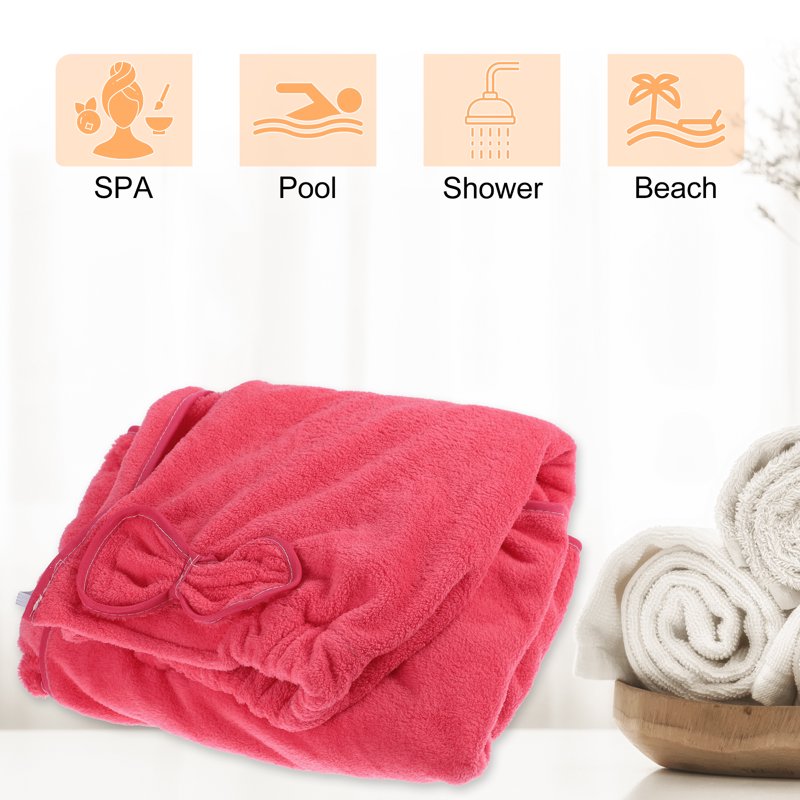 Women's Bath Wrap Towel with Pocket and Adjustable Closure - Rose Red