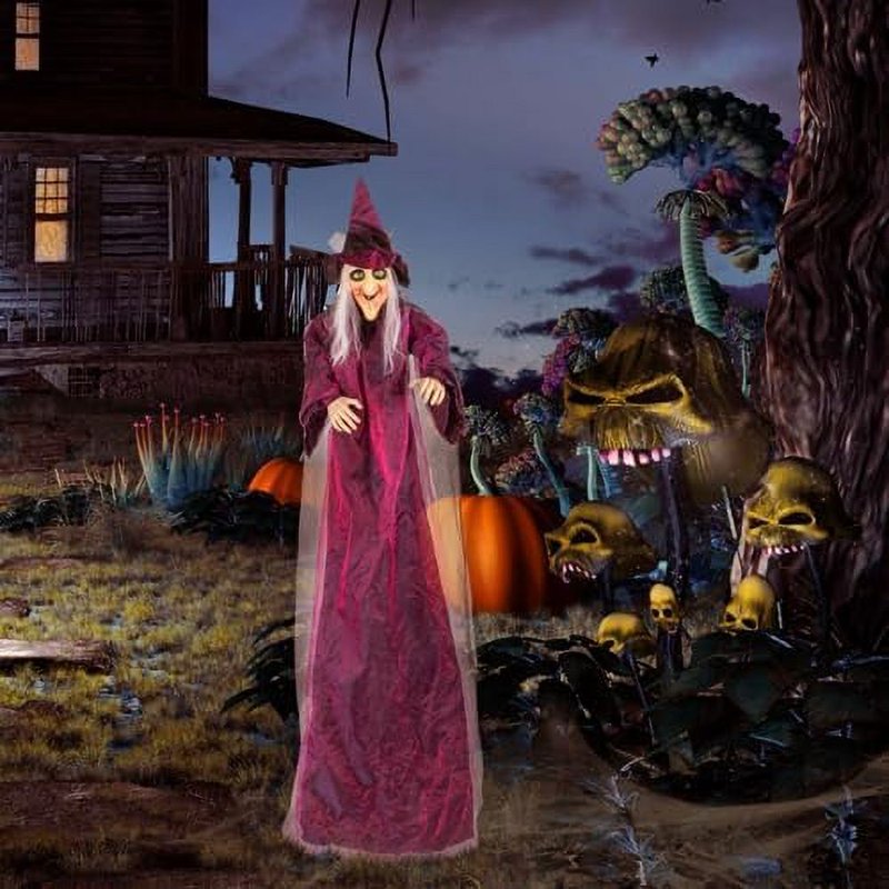 Life Size Talking Halloween Witch Decor with Red Lighted Eyes - Outdoor Haunted House Animatronic 5.9FT