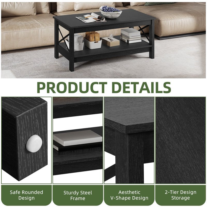 Modern Black Coffee Table with 2-Tier Storage Shelf