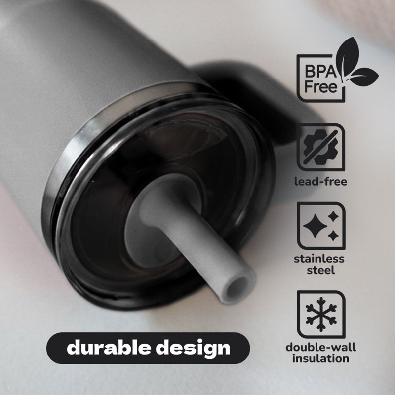 Insulated Stainless Steel Kids Tumbler with Straw - Black 12oz