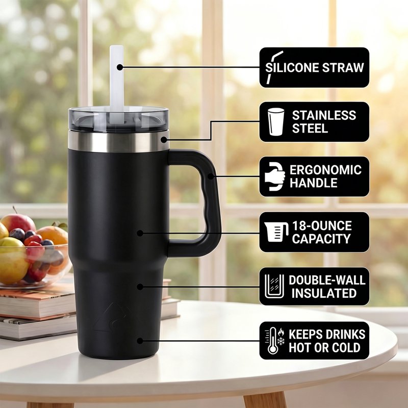 18 oz Stainless Steel Insulated Tumbler with Handle - Black