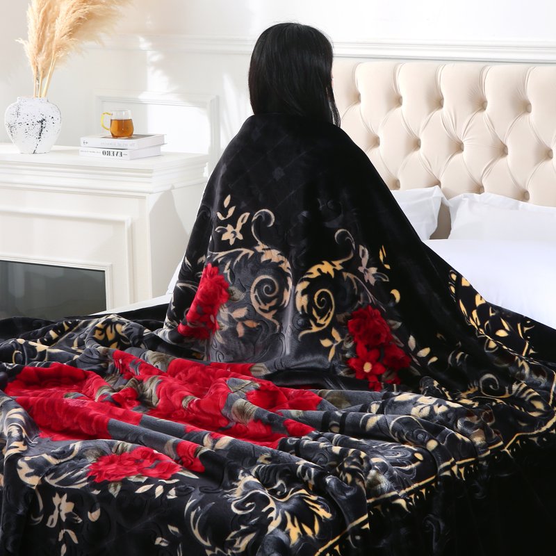 Heavy Thick Fleece Blanket King Size - Black & Burgundy Floral Printed Winter Throw - 85x95, 9lbs, Soft Raschel Plush Bed Cover with Floral Design