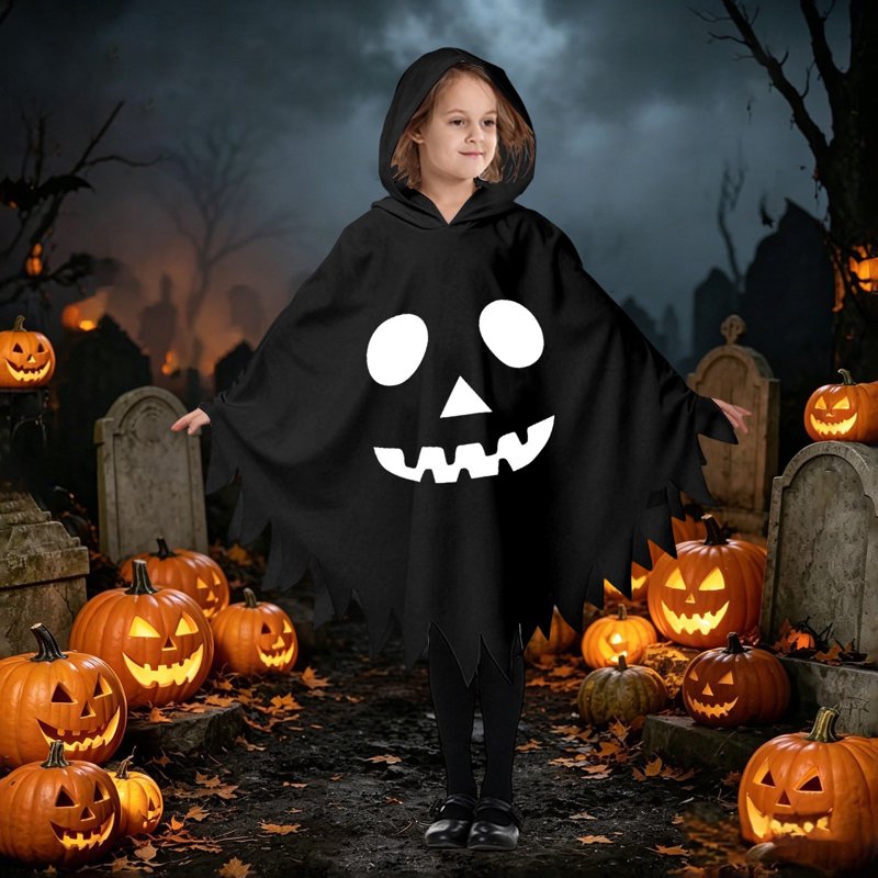 Kids Ghostface Costume Cape for Halloween - Unisex Hooded Dress Up, 7-9 Years, Black & Fancy Dress