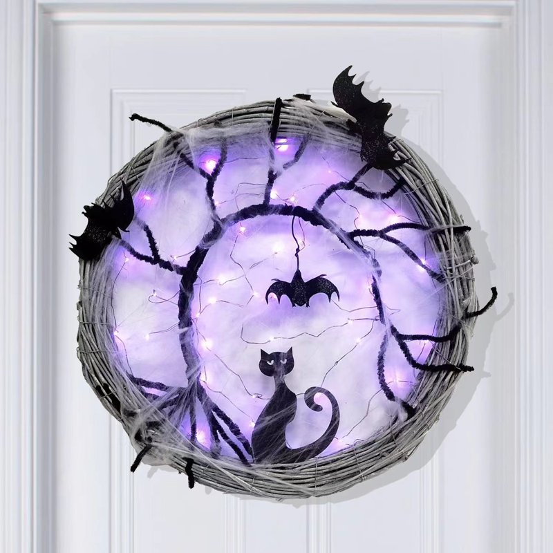 Halloween Wreath with Purple LED Lights Bat Cat Decor for Front Door