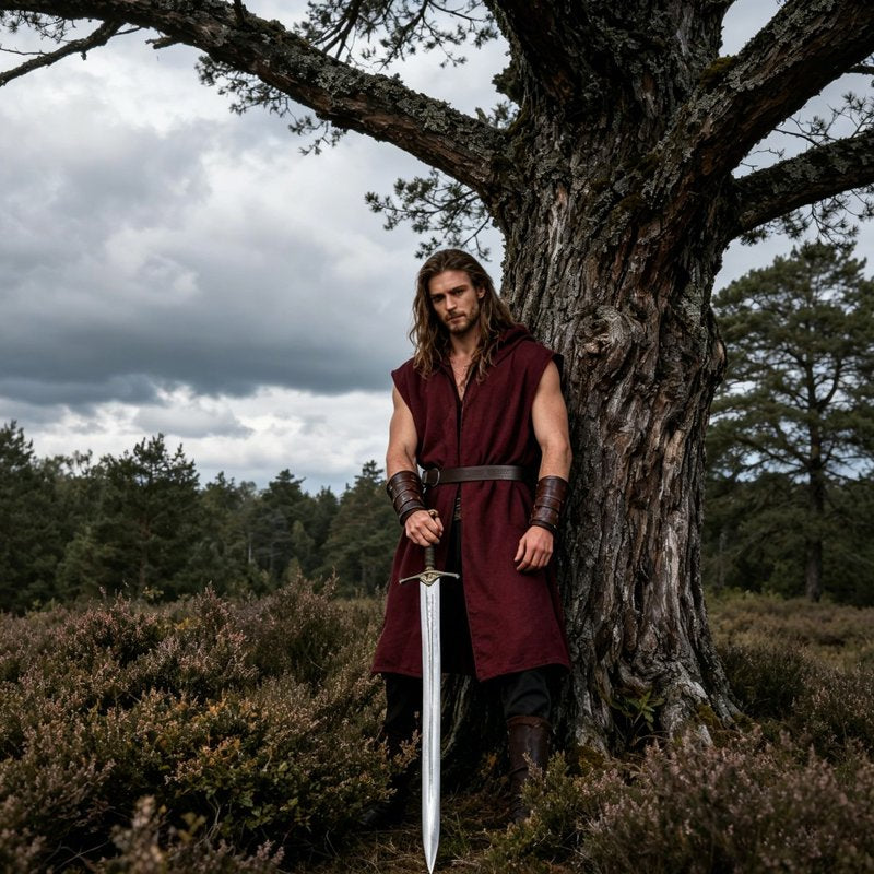 Men's Medieval Viking Cosplay Costume Set Hooded Robe & Belt - XL, Wine