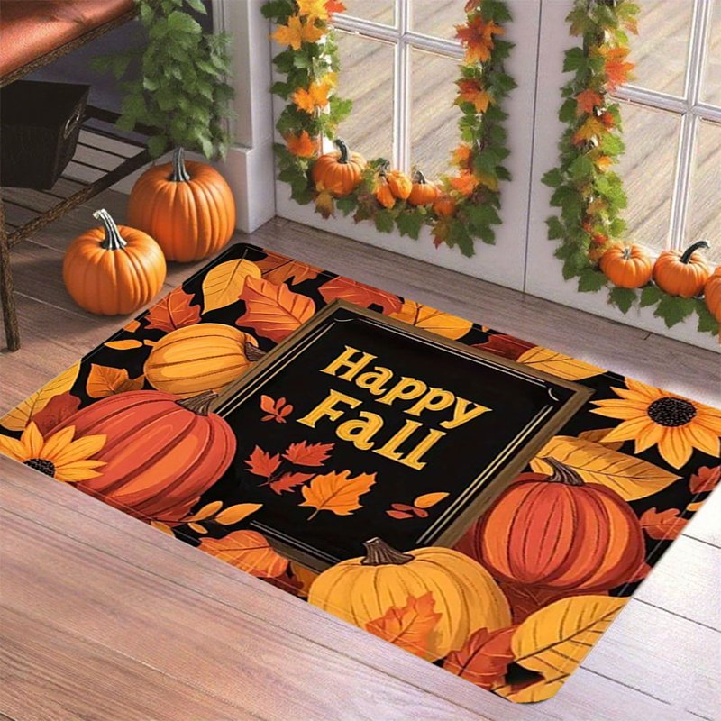 Fall Pumpkin Maple Leaf Doormat - Thanksgiving Halloween Non-Slip Floor Rug, Washable Entryway Decor (Variation C)