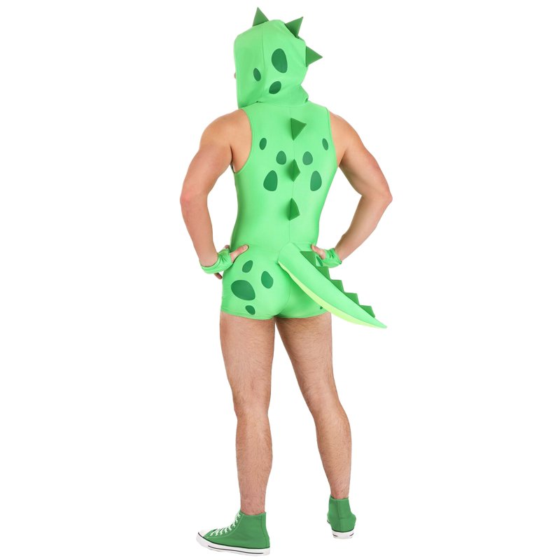 Men's Dinosaur Costume Romper - Sexy Green Dino Jumpsuit with Spikes, Size S