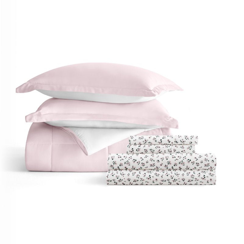 California King Ditsy Floral Blush Reversible Comforter & Patterned Sheet Set - 7 Piece Bedding Bundle